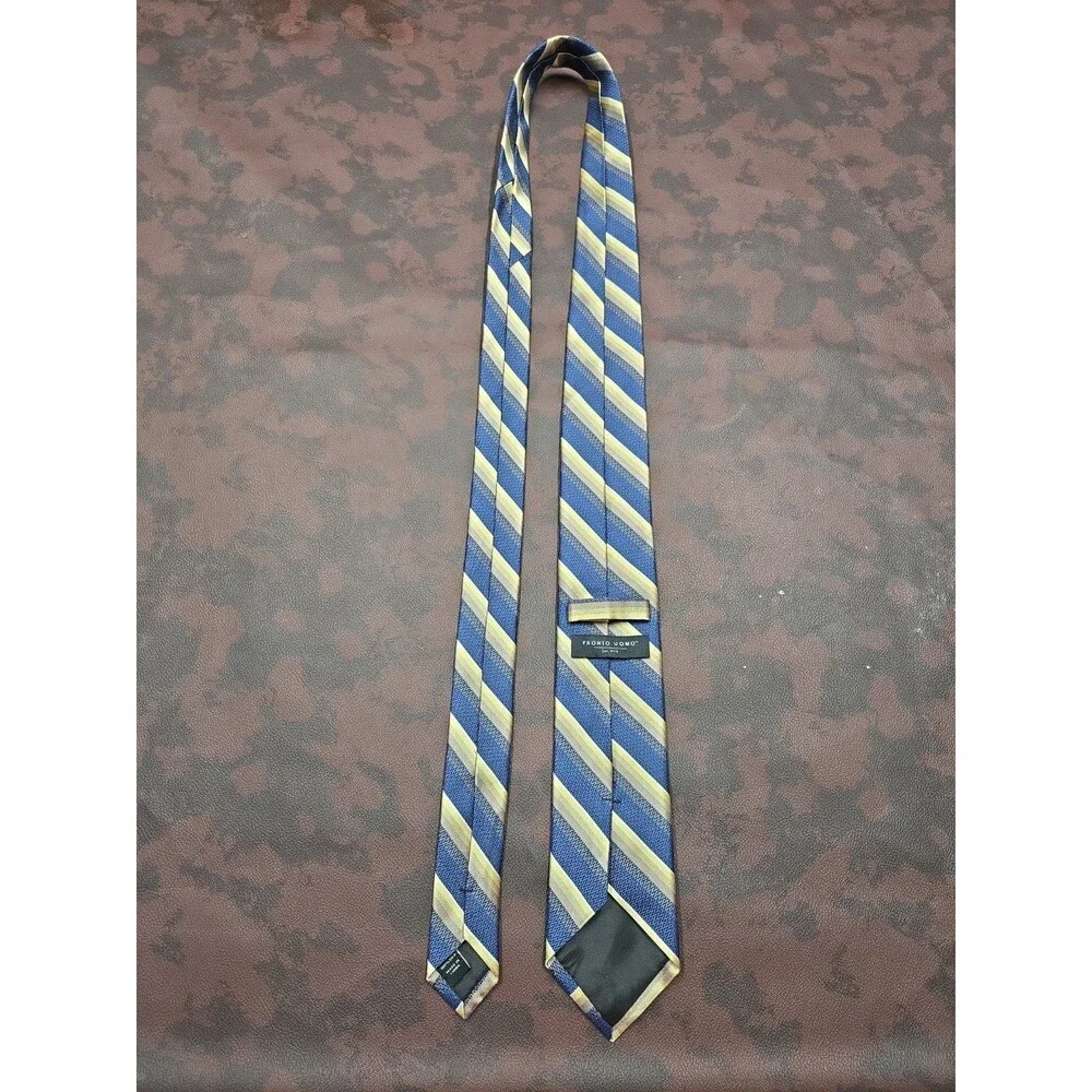 Pronto Uomo 100% Silk Tie Yellow Blue Repp Striped Career Suit Prom Neck Necktie